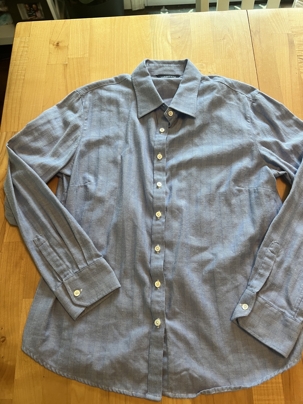 Lands' End Women's Blue Herringbone Button Shirt Size L 14-16 Cotton Cashmere